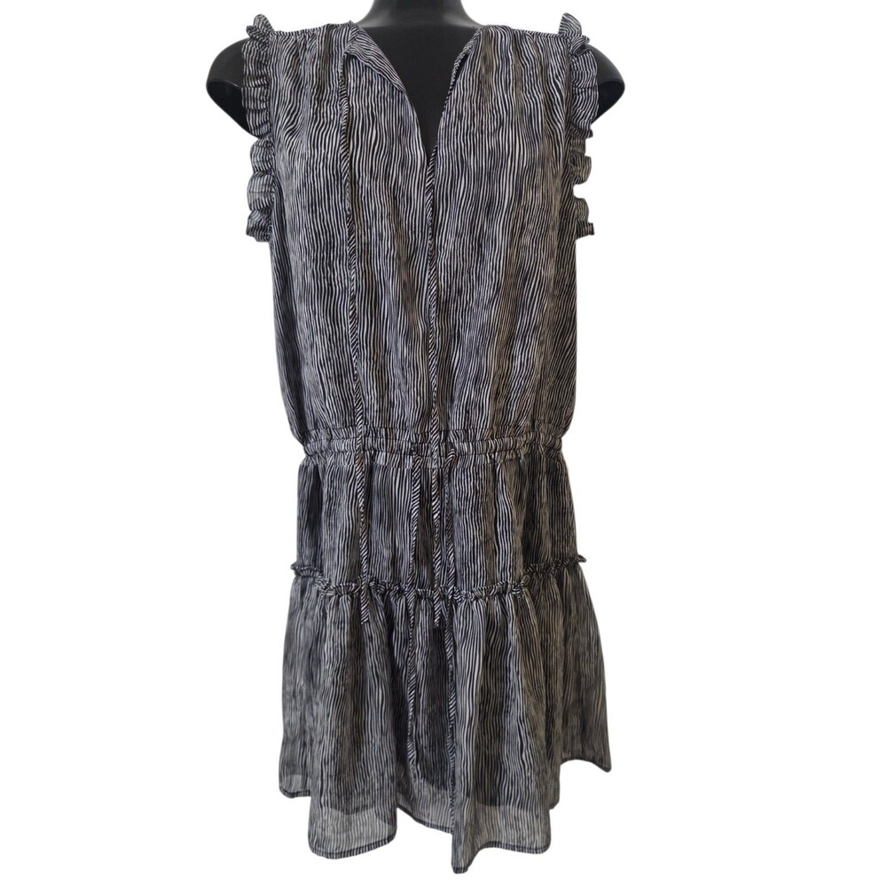 PINCH Ruffle Tiered Mini Dress Adjustable Waist Black White Stripe M D23.3